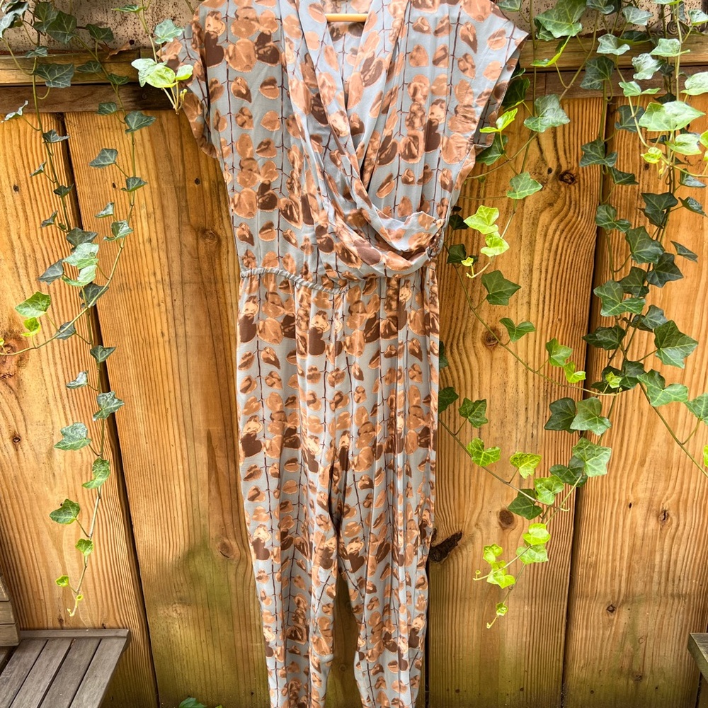 Tucker brown and pale blue-gray botanical print jumpsuit, Size P (M), never worn